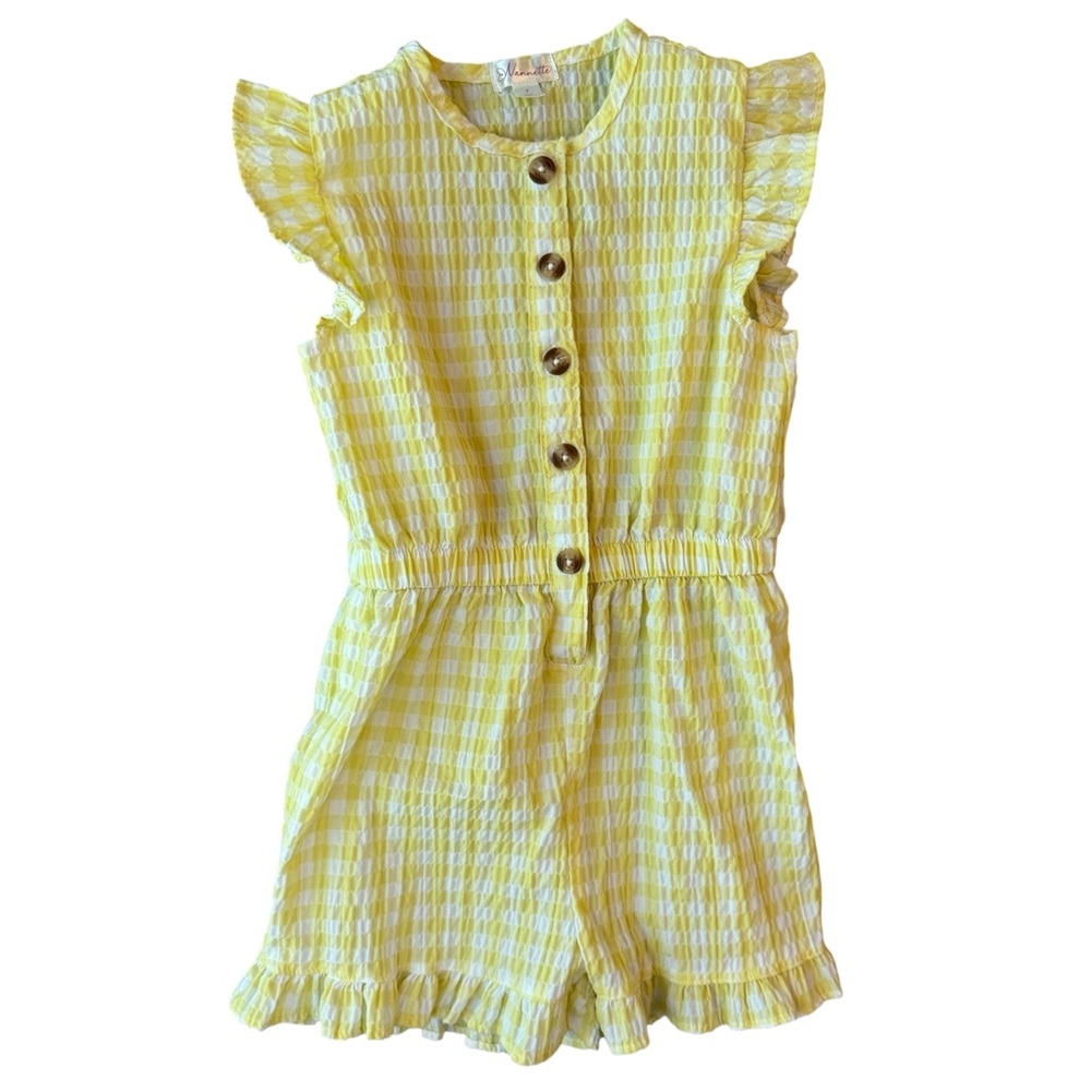 Girls' Size 7 Gingham Seersucker Ruffle Romper - Yellow & White